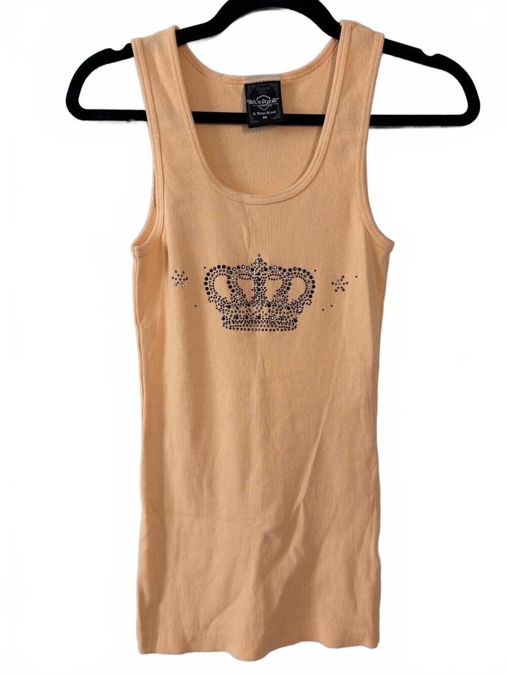 Sledge USA Tank Top Women's Size M Peach Ribbed Scoop Neck Rhinestone Crown